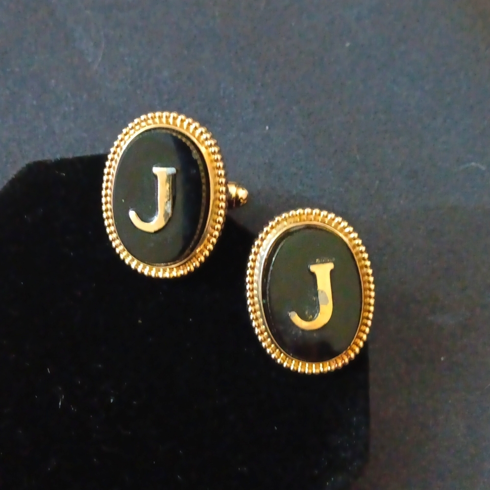 Unlisted 3 - Vintage "J" Monogram Cufflinks Raised Gold J/ Oval black Composite